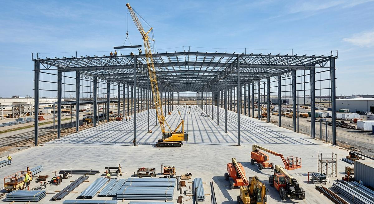 Push Construction steel frame shed site under construction