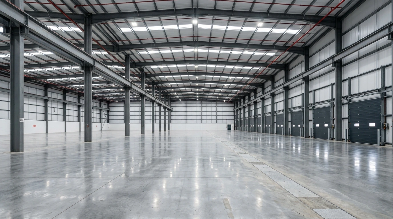 High-strength structural steel beams and columns in modern warehouse
