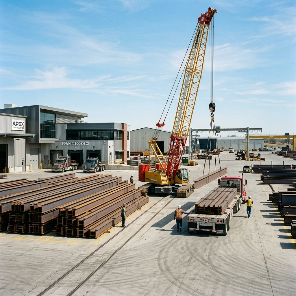 Steel Logistics facility with crane and freight